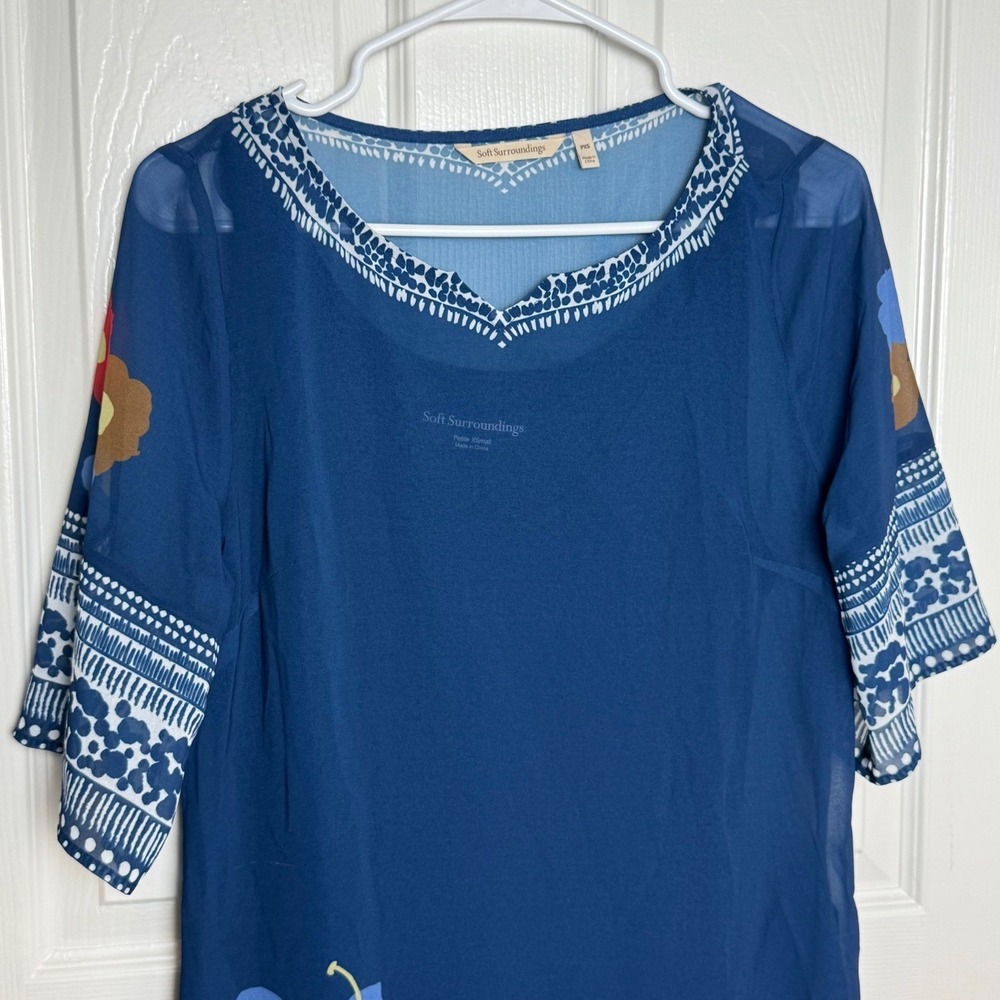 Soft Surroundings Petite XS Blue Floral Sheer Overlay Dress Lined Hibiscus - Picture 3 of 10